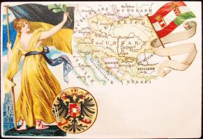 cca 1900  Ausztia-Magyaroroszág térképe és címerének lithografált képe. Földes Kelemen aradi gyógyszerész reklámkártyája / cca 1900 Austria GErmany litho advertising on the backside Arad pharmacist commercial 13x9 cm