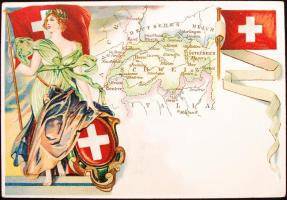 cca 1900 Svájc térképe és címerének lithografált képe. Földes Kelemen aradi gyógyszerész reklámkártyája / cca 1900 Switzerland litho advertising on the backside Arad pharmacist commercial 13x9 cm