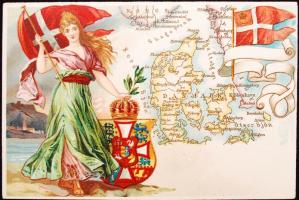 cca 1900 Dánia térképe és címerének lithografált képe. Földes Kelemen aradi gyógyszerész reklámkártyája / cca 1900 Denmark litho advertising on the backside Arad pharmacist commercial 13x9 cm