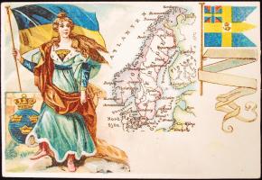 cca 1900 Svédország térképe és címerének lithografált képe. Földes Kelemen aradi gyógyszerész reklámkártyája / cca 1900 Sweden litho advertising on the backside Arad pharmacist commercial 13x9 cm