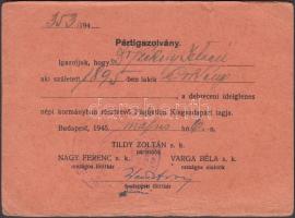 1945 Az Ideiglenes Nemzeti Kormányban résztvevő Független Kisgazdapárt pártigazolvány
