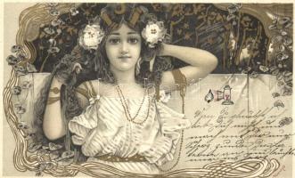 Girl, Art Nouveau floral litho