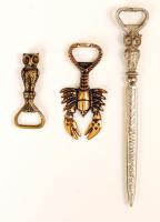 2 db bagoly és egy rákos sörnyitó, fém, h:10 cm (2×), h:21 cm