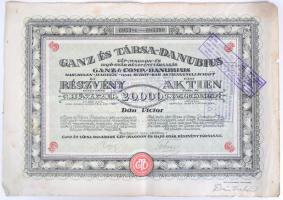 Budapest 1923. "Ganz és Társa-Danubius Gép-Waggon- és Hajó-gyár Részvénytársaság" öt részvénye egyenként 20.000K-ról, német és magyar nyelven szelvényekkel, felülbélyegzésekkel T:III
