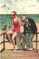 Couple, young lady and old man on the beach, humour s: Arthur Thiele