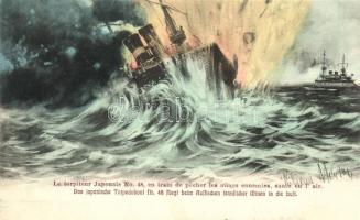 Das japanische Torpedoboot Nr. 48. fliegt beim Auffischen feindlicher Minen in die Luft / Japanese torpedo boat in battle, artist signed