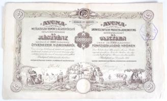 Budapest 1923. "AVENA Mezőgazdasági Termény és Állatértékesítő Részvénytársaság" részvénye egyenként 2000K-ról, összesen 50.000K-ról, szárazpecséttel, bélyegzéssel és szelvényekkel T:III