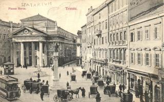 Trieste, Piazza Borsa / square, shops, statue, tram, Divald (fa)