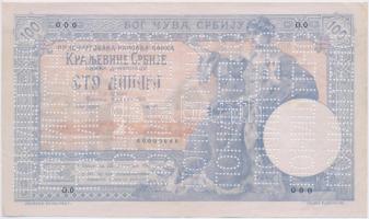 Szerbia 1905. 100D "0.0 000" sorozat és sorszámmal, ismeretlen cirill "PONISTENO" (érvénytelenítve) perforációkkal T:II- Serbia 1905. 100 Dinara with "0.0 000" serial number and unknown Cyrillic "PONISTENO" (cancelled) perforations C:VF  Krause 12