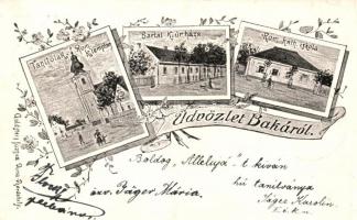 Baka (Pozsony vármegye) Katolikus templom és iskola, Bartal K. úr háza; kiadja Goldstein Jozsua / catholic church, school, Bartal's house; floral