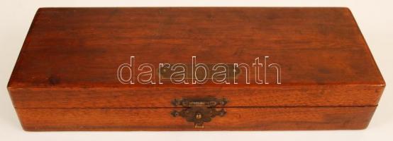 Hunnia Műszertár szerszámkészlet fa dobozban, az olló hiányzik belőle, 20x7x4 cm