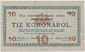 Pécs 1919.03.31. 10K "Pénztárjegy" próbanyomat, kék alapnyomat értékjelzés és címer barna, Szieberth Antal helyett Sziebert Árpád, lyukasztásokkal érvénytelenítve T:I- (hajtatlan) Hungary / Pécs 31.03.1919. 10 Korona "Receipt" printers proof, blue basic print, brown face value and coat of arms, Árpád Sziebert instead of Antal Szieberth, cancelled by holes C:AU (unfolded) Rayman 2.1.1./2.
