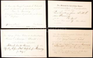cca 1850-1876 4 db német és francia nyelvű meghívó Wilhelm Ramming von Riedkirchen báró, osztrák tábornok nevére különféle német előkelőktől. / 4 invitations by various German aristocrats in German and French, adressed to Baron Wilhelm Ramming von Riedkirchen, Austrian general.