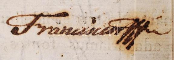 1816 I. Ferenc császár saját kézzel aláírt rendelete, melyben a Napóleoni háborúk miatti károk helyreállítására és a kiürült kincstár feltöltésére vonatkozó rendelkezéseket tesz. papírfelzetes viaszpecséttel. A dokumentumon a császár mellett aláírta még gróf Endrődy József és Szeltner József tanácsosok. papírfelzetes viaszpecséttel. / 1816 Autograph signed letter of Emperor Francis regarding the reconstruction after the Napoleon wars