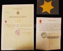 1944 Izraelita személy részére kiállított állampolgársági bizonyítvány és igazolás, valamint textil sárga csillag / Citizenship document and yellow star