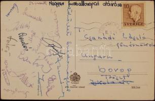 1955 Az Aranycsapat tagjai (Puskás, Buzánszky, Grosics, Bozsik...) által aláírt képeslap a stockholmi EB selejtezőről / Autograph signed postcard of the Hungarian Golden Team
