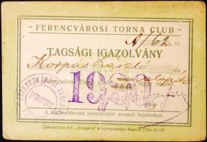 1920 Ferencvárosi Torna Club (Fradi) igazolványa Korpás László alapító részére