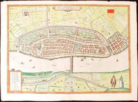 1581 Campen német város rézmetszetű képe, Megjelent: Braun, G. - Hogenberg, F. Civitates Orbis Terrarum c. könyvében. Alján a hajtásnál kis szakadás. / 1581 Germany, view of Campen. Etching. Published in Braun, G. - Hogenberg, F. Civitates Orbis Terrarum. III. 52x38 cm