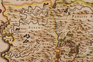 1645 Joan Blaeu: Montgomeria Comitatus et Comitatus Mervinia. Rézmetszetű térkép, hátoldalt a város ...