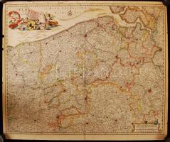 cca 1685 Nicolas Visscher (1618-1679): Flandria rézmetszető térképe. Hajtásnál hátoldalt ragasztással összefogva, szélénél, kicsi, képet nem éríntő szakadások. / cca 1685 Map of Flandria (Flanders). Etching by Nicolas Visscher. In the middle on the backside glued together, smal tears (not reaching the image) on the gutter. 59x50 cm