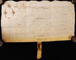 1661 Tulajdonátruházási szerződés Angliában, Suffolk megyében aldertoni ingatlan ügyében. Pergamenre írva, szépen kalligrafálva, függő viaszpecséttel. / 1661  Beautifully penned English vellum indenture, during the reign of King Charles II being the conveyance of property in Alderton in the County of Suffolk between John Newport of Hartford, an Esquire, and Bryan Smith. 58x32 cm