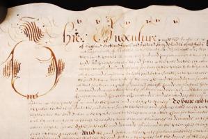 1661 Tulajdonátruházási szerződés Angliában, Suffolk megyében aldertoni ingatlan ügyében. Pergamenre...