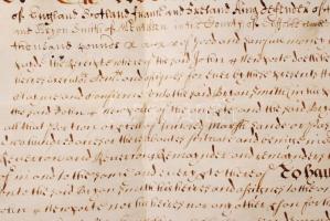 1661 Tulajdonátruházási szerződés Angliában, Suffolk megyében aldertoni ingatlan ügyében. Pergamenre...