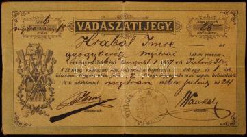 1887 Vadászjegy nyitrai gyógyszerész részére / Hunting ticket for Neutra pharmacist