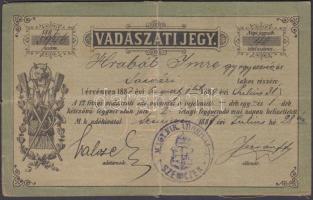 1887 Vadászjegy nyitrai gyógyszerész részére / Hunting ticket for Neutra pharmacist