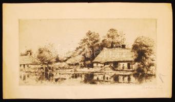 Boldizsár István (1897-1984): fFolyóparti tanya. Rézkarc, papír, jelzett, 16x30 cm