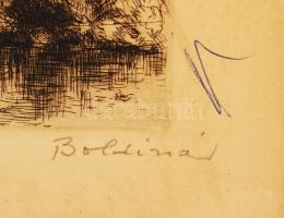 Boldizsár István (1897-1984): fFolyóparti tanya. Rézkarc, papír, jelzett, 16x30 cm