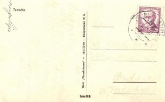 Trencsén, Trencín; Utcakép üzletekkel és a várral / street with shops and the castle