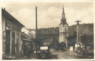 Pelsőc, Plesivec; Slamovits és Molnár kereskedései, templom / shops, church