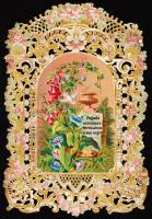 1864 Csipke litho szentkép hátoldalán ajándékozási feljegyzéssel / Embroided litho holy picture