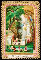 1867 Áldás és szerencse. Csipke litho üdvözlőkártya. Kinyitható. Kis szakadással. Hátoldalt ajándékozási feljegyzés / Embroided litho greeting card