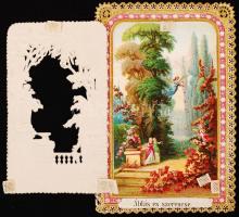 1867 Áldás és szerencse. Csipke litho üdvözlőkártya. Kinyitható. Kis szakadással. Hátoldalt ajándéko...