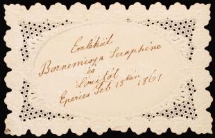 1861 Becses névnapra. Csipke litho üdvözlőkártya.  Hátoldalt ajándékozási feljegyzés. / Embroided li...