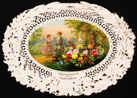 cca 1861 Névnapra. Csipke litho üdvözlőkártya. / Embroided litho greeting card for nameday