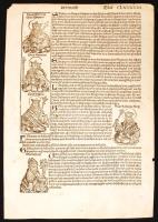 1493 Magyar királyok a Nürnbergi krónika lapjain. Szent István, Szent Imre és Szent László fametszetű képe a krónika CLXXXVIII. lapjáról. A lapon továbbá Udo püspök, Róbert francia király, a lap hátoldalán további német királyok képei. / 1493 Page of the Nurnberg Chronicles with wood engraved picture of Hungarian and German kings 28x40 cm