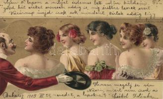Flirting ladies, golden decoration, litho