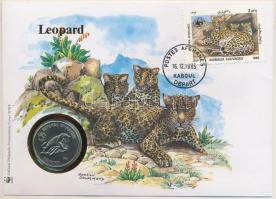 Afganisztán 1987. 50A "Természetvédelem - Leopárd" érmés borítékon alkalmi bélyegzős bélyeggel német nyelvű tájékoztatóval T:1 Afghanistan 1987. 50 Afghanis "Defense of Nature - Leopard" coin letter with stamp, with information C:UNC