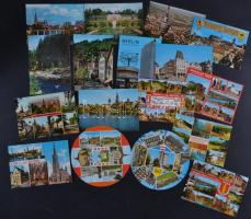 Egy cipősdoboznyi MODERN használatlan magyar és külföldi városképes lap, pár képeslapfüzettel és dimenziós lappal; főleg kubai, japán, szovjet, olasz, német, spanyol, görög, csehszlovák / A shoe box of modern unused foreign town-view postcards with some postcard booklet and dimension cards; mostly Cuban, Japanese, Soviet, Italian, German, Spanish, Greek, Czechoslovakian