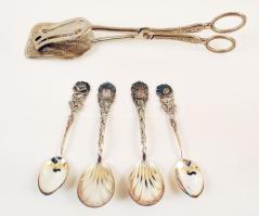 4 db klf. ezüstözött teáskanál és süteményfogó, h:11 és 22 cm
