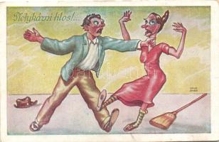 Pletykázni tilos! / Hungarian humorous card, husband and wife s: Kaszás Jámbor (EK)
