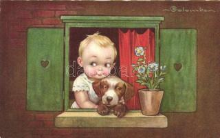 Italian art postcard, boy and dog s: Colombo