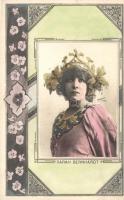 Sarah Bernhardt as 'Mélissande'; floral Art Nouveau postcard, Reutlinger photo, Paris