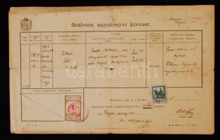 1918 Szeged, Születési anyakönyvi kivonat 1K városi illetékbélyeggel