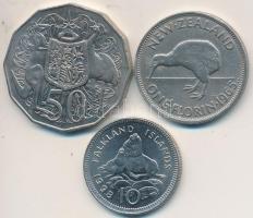 Vegyes: Új-Zéland 1965. 1Fl + Ausztrália 1979. 50c + Falkland-szigetek 1998. 10p T:2,2- Mixed: New Zealand 1965. 1 Florin + Australia 1979. 50 Cents + Falkland Island 1998. 10 Pence C:XF,VF Krause KM#28.2,68,5.2