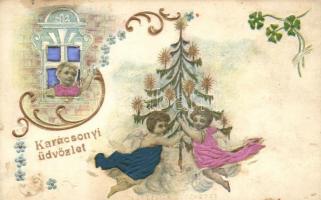 Christmas, interesting embossed mechanical postcard with silk decoration