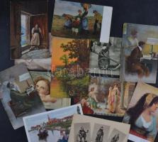 Kb. 200 db főleg RÉGI használatlan motívumlap pár lithoval; művész, vallás, hölgy, üvözlő, folklór / Approx. 200 mostly old unused motive cards with some litho; art, religion, lady, greeting, folklore